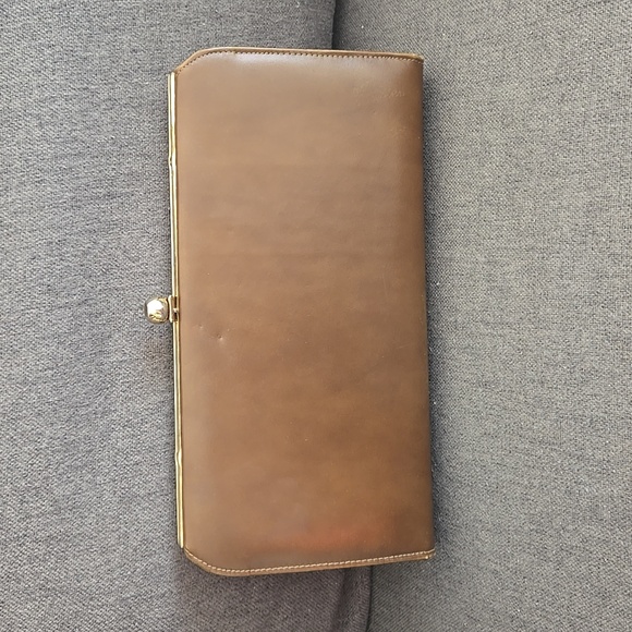 Vintage 1970s Brown Genuine Leather Clutch w/ Collapsible Bar Handle - Picture 2 of 9